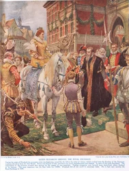 Dronning Elizabeth I åpner Royal Exchange i 1570, illustrasjon fra Hutchinsons «Story of the British Nation»
